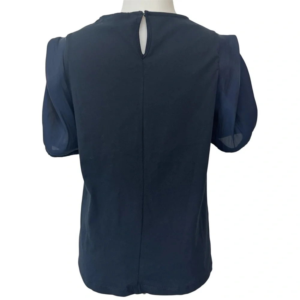 Zara Girls Navy Blue Silky Bubble Sleeve Cotton Top - Picture 2 of 4